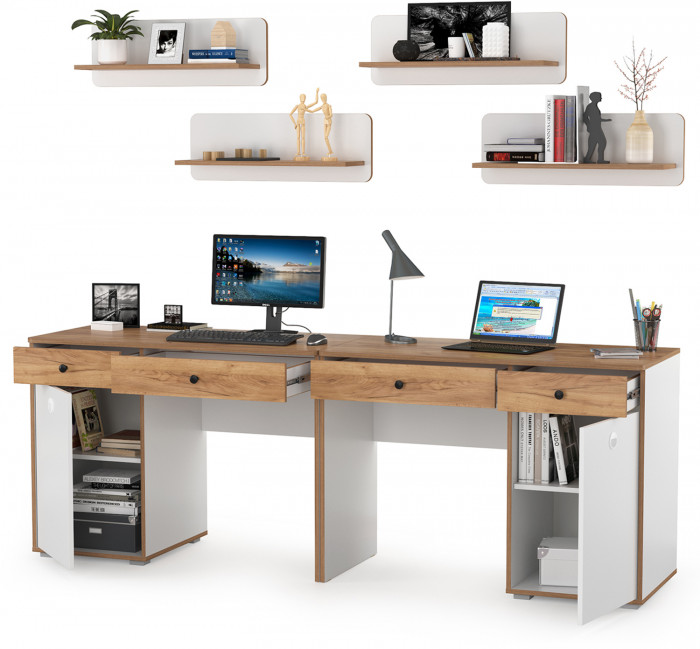 Вуди Компоновка № 02, цвет белый премиум/дуб крафт золотой, ШхГхВ 220х52,7х180 см., универсальная сборка