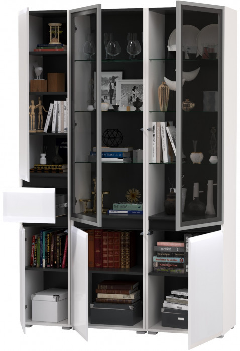 Сидней 13.201 Шкаф-витрина 2 штуки + Шкаф с ящиком 13.202, корпус: белый/чёрный/фасады: МДФ белый глянец/стекло