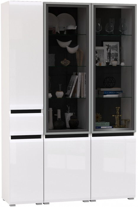 Сидней 13.201 Шкаф-витрина 2 штуки + Шкаф с ящиком 13.202, корпус: белый/чёрный/фасады: МДФ белый глянец/стекло