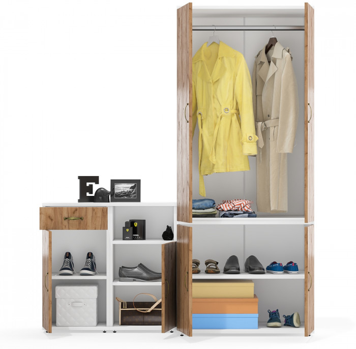 Лидер-8 Шкаф МД 19Б + Тумба МД 3.15 + Тумба МД 3.19, цвет белый шагрень/крафт золото, ШхГхВ 160х50х190 см., универсальная сборка