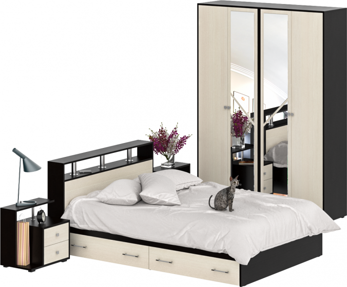 Камелия спальня № 8 Кровать с ящиками 1400 + Две тумбы + Шкаф 4-х створчатый, цвет венге/дуб лоредо, сп.м. 1400х2000 мм., б/м, основание есть