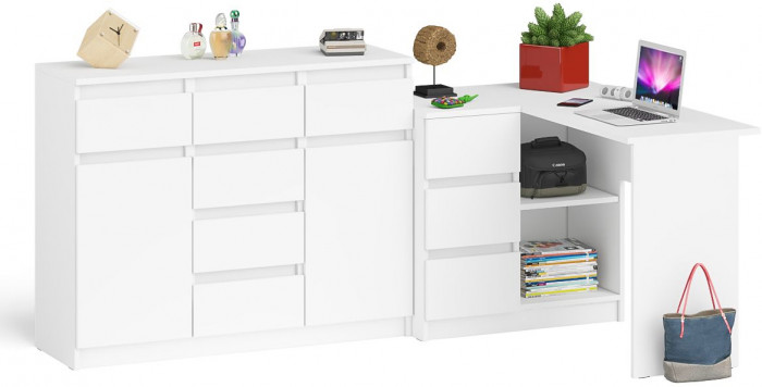 Мори Стол компьютерный МС-16 левый + Комод МК1200.4, цвет белый, ШхГхВ 244,8х84,9х94 см., выдвижные ящики слева, НЕ универсальная сборка