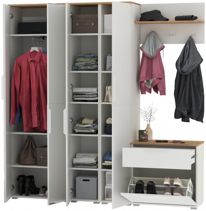 Октава Прихожая 29, цвет белый шагрень/дуб крафт золотой/фасады МДФ белый шагрень, ШхГхВ 193,7х35,4х197,6 см., универсальная сборка