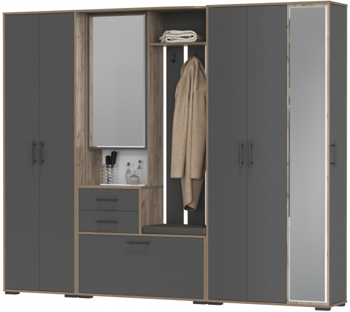 Прихожая Домино 6, цвет дуб крафт табачный/графит, ШхГхВ 248х36х202 см., универсальная сборка