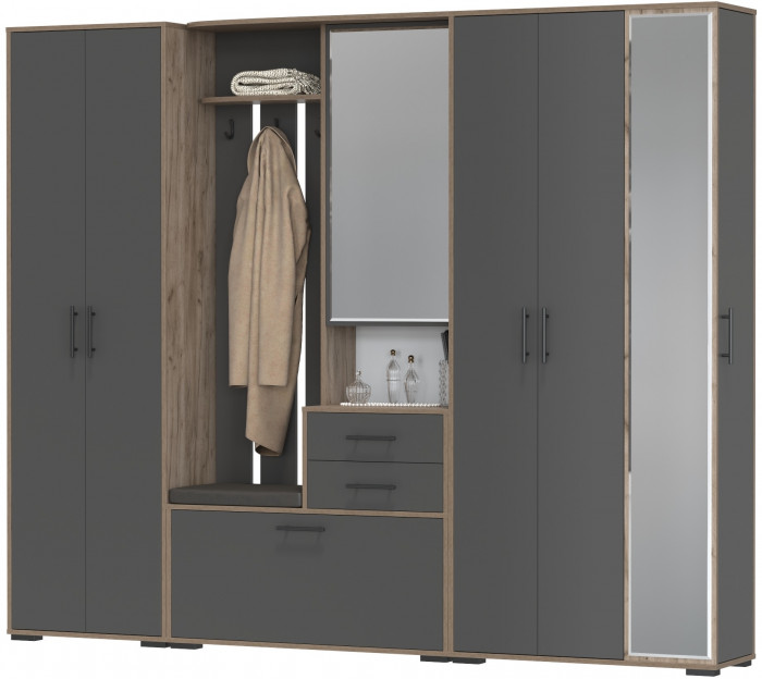 Прихожая Домино 6, цвет дуб крафт табачный/графит, ШхГхВ 248х36х202 см., универсальная сборка