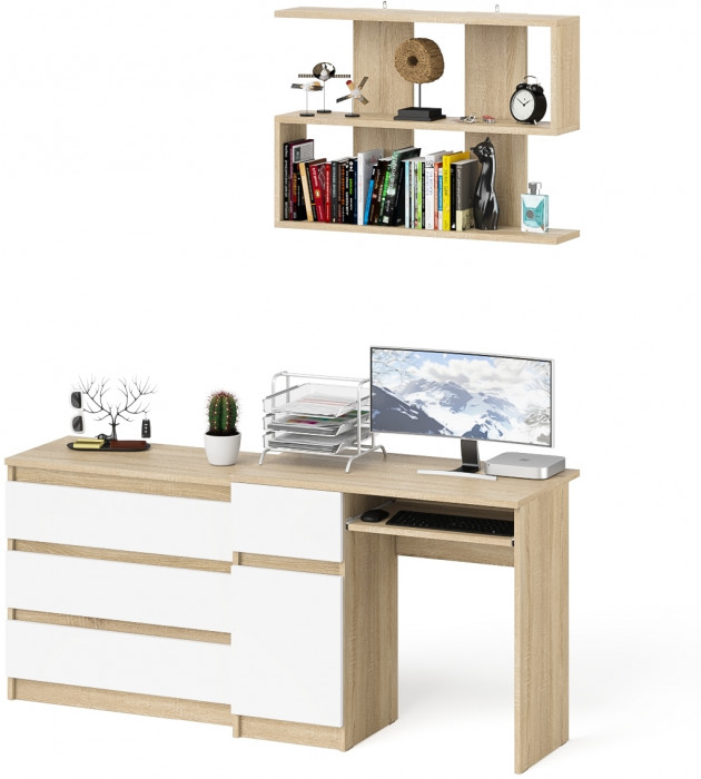 Мори компьютерный стол МС-1 левый + Комод МК800.1 + Полка 900, дуб сонома/белый