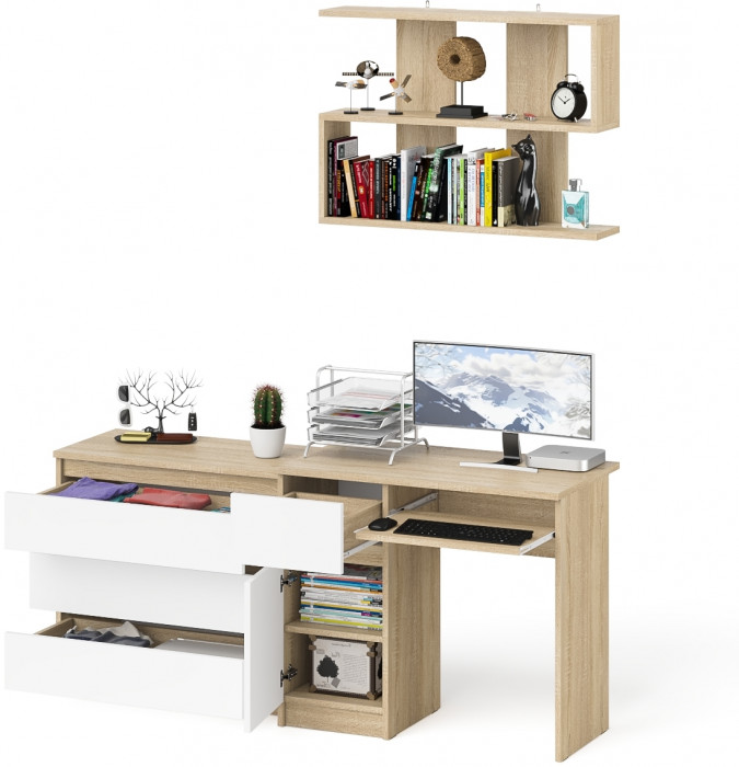 Мори компьютерный стол МС-1 левый + Комод МК800.1 + Полка 900, дуб сонома/белый