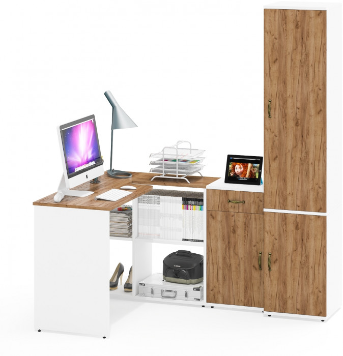 Лидер-8 Стол + Тумба МД 3.15 + Пенал МД 21Б, цвет белый шагрень/крафт золото, ШхГхВ 245х50/37,5х75/190 или 115х160/50х75/190 см., НЕ ун. сборка