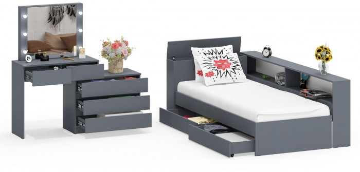 Ксения Кровать с ящиками 0900 + прикроватный блок + Столик с подсветкой 110, графит