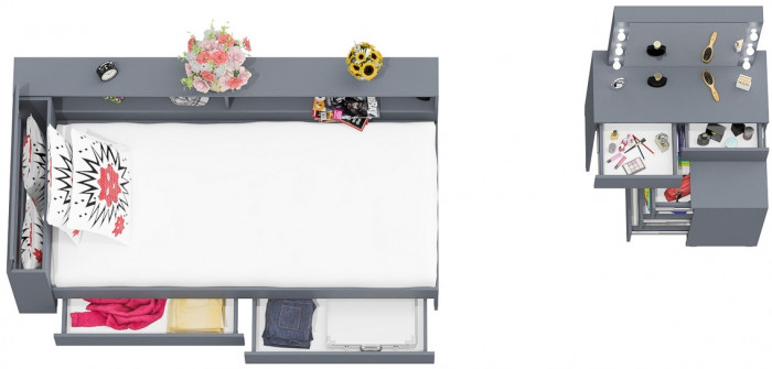 Ксения Кровать с ящиками 0900 + прикроватный блок + Столик с подсветкой 110, графит