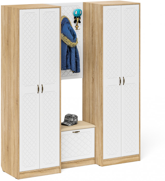 Прихожая П-6 Компоновка № 09, цвет дуб сонома/фасады МДФ белое дерево фрезеровка ромб, ШхГхВ 180х50х210 см., универсальная сборка