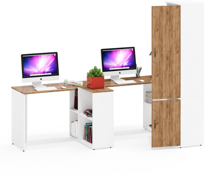 Лидер-8 Стол + Стол + Пенал МД 21Б, белый шагрень/крафт золото