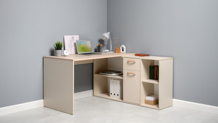 Лайт Стол письменный 03.245F, цвет сатин/дуб эндгрейн элегантный, ШхГхВ 136х139,2х75,2 см.(угловой) или 203,5х68х75,2 см.(прямой), универс. сборка