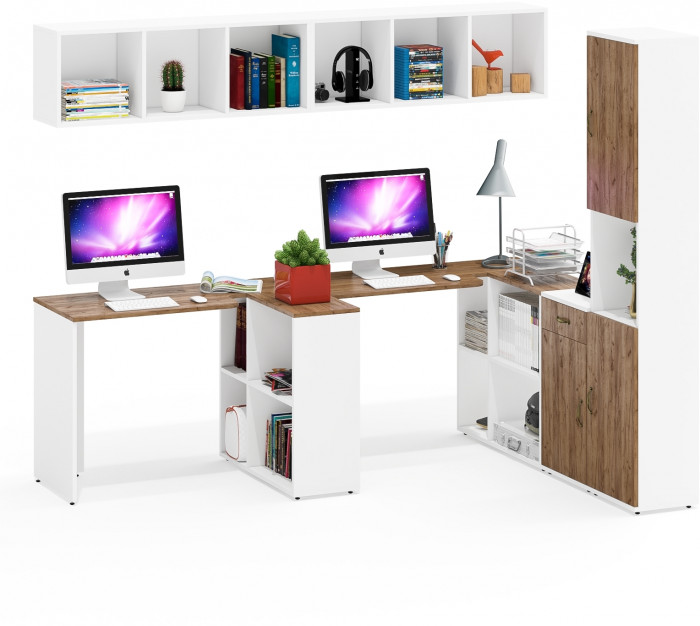 Лидер-8 Стол + Полка + Стол + Полка + Пенал + Тумба МД 3.15, цвет белый шагрень/крафт золото, 410х50/30х75/190 или 230х50/160х75/190 см., НЕ ун. сб.