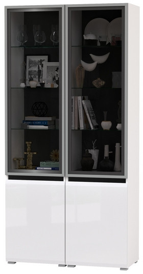 Сидней 13.201 Шкаф-витрина 2 штуки, корпус: белый/чёрный/фасады: МДФ белый глянец/прозр. стекло с серой тонир.