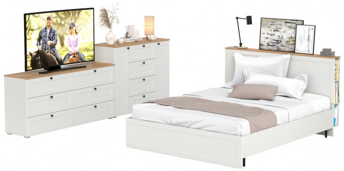 Остин 11.53 Кровать + ортопед + 16.240 Комод + 16.221 Комод, белый шагрень/дуб крафт золотой