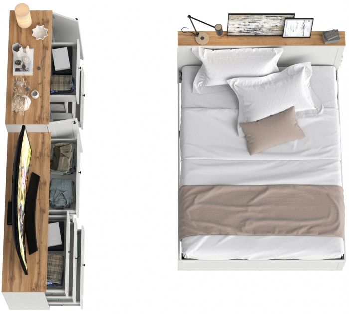 Остин 11.53 Кровать + ортопед + 16.240 Комод + 16.221 Комод, белый шагрень/дуб крафт золотой