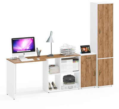 Лидер-8 Стол + Тумба МД 3.15 + Пенал МД 22Б, цвет белый шагрень/крафт золото, ШхГхВ 245х50/37,5х75/190 или 115х160/50х75/190 см., НЕ ун. сборка