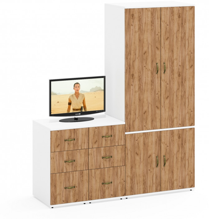 Лидер-8 Шкаф МД 19Б + Тумба МД 3.16 + Тумба МД 3.16, цвет белый шагрень/крафт золото, ШхГхВ 160х50х190 см., универсальная сборка