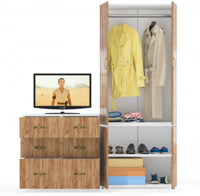 Лидер-8 Шкаф МД 19Б + Тумба МД 3.16 + Тумба МД 3.16, цвет белый шагрень/крафт золото, ШхГхВ 160х50х190 см., универсальная сборка