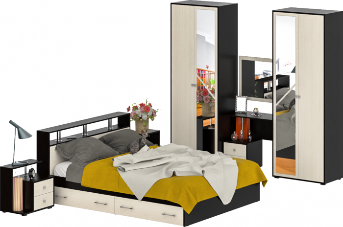 Камелия спальня № 9 Кровать с ящиками 1600 + Две тумбы + Стол космет. + Зеркало + Шкаф 4-х, цвет венге/дуб лоредо, сп.м. 1600х2000 мм., б/м, осн. есть