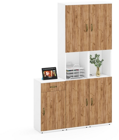 Лидер-8 Пенал + Пенал + Тумба МД 3.15, цвет белый шагрень/крафт золото, ШхГхВ 120х30х190 см., универсальная сборка