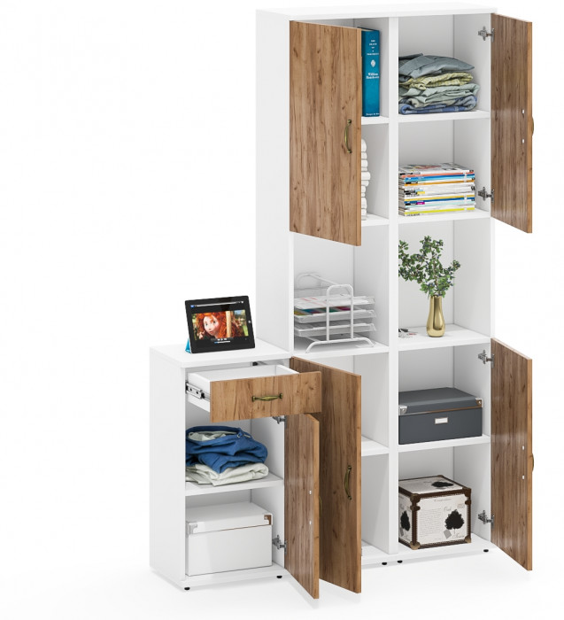 Лидер-8 Пенал + Пенал + Тумба МД 3.15, цвет белый шагрень/крафт золото, ШхГхВ 120х30х190 см., универсальная сборка