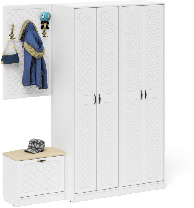 Прихожая П-6 Компоновка № 09, цвет белая шагрень/фасады МДФ белое дерево фрезеровка ромб, ШхГхВ 180х50х210 см., универсальная сборка