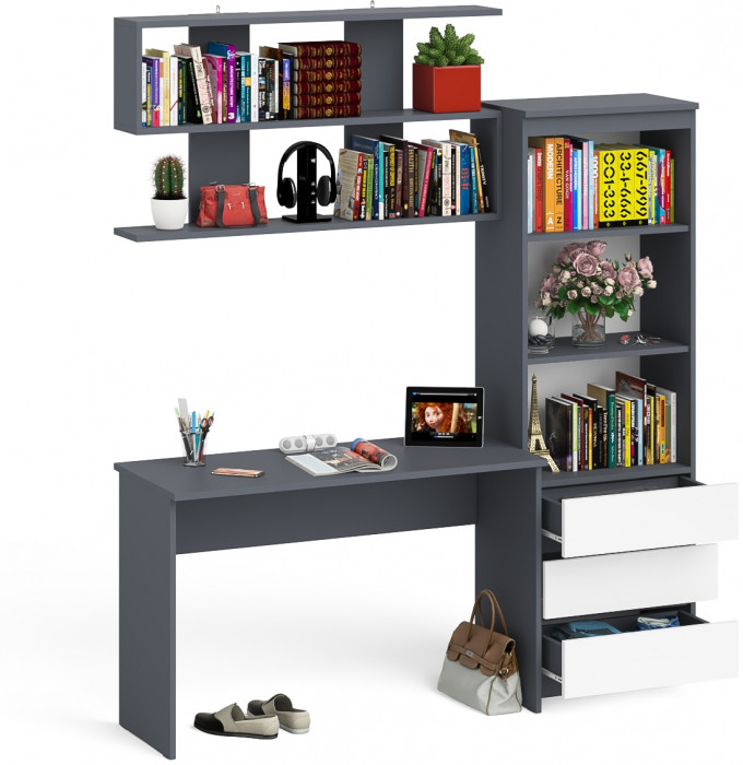 Мори письменный стол МСП1200.1 + Стеллаж МСТ600.3 + Полка 1200, графит/белый