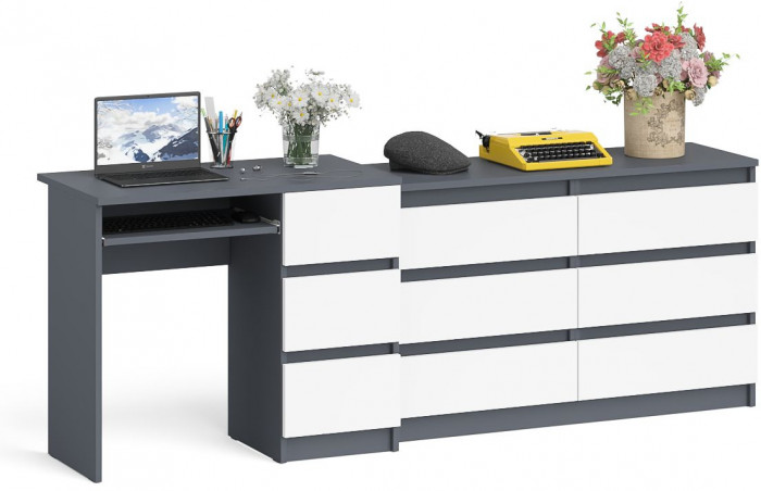 Мори Стол компьютерный МС-6 правый + Комод МК1200.6, цвет графит/белый, ШхГхВ 210,4х50х76,6 см., выдвижные ящики справа, НЕ универсальная сборка