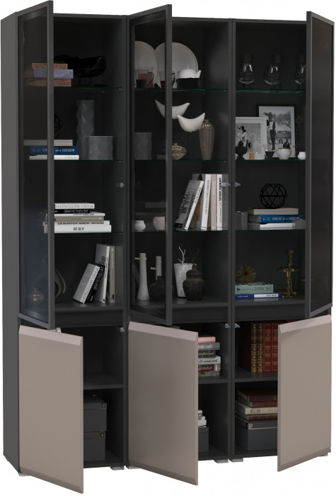 Сидней 13.201 Шкаф-витрина 3 штуки, корпус: антрацит/фасады: МДФ веллюто капучино/прозр. стекло с серой тонир.