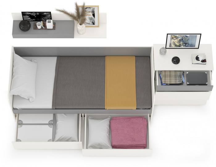 Торонто 11.39 Кровать + 16.475 Полка + 13.321 Комод, белый шагрень/стальной серый