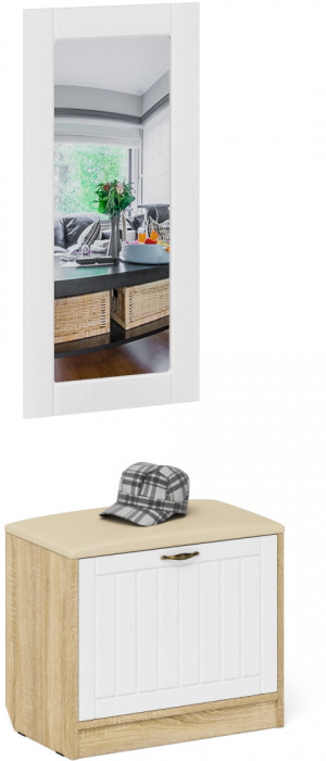 Прихожая П-6 Тумба + Зеркало, цвет дуб сонома/фасады МДФ белое дерево фрезеровка прованс, ШхГхВ 60х35х200 см.