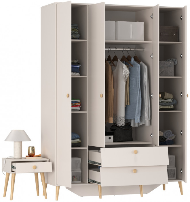 Афина Спальня Шкаф 4-х дверный + Тумба прикроватная, цвет кашемир серый, ШхГхВ 160х56,3х220 + 45х37х45 см., универсальная сборка