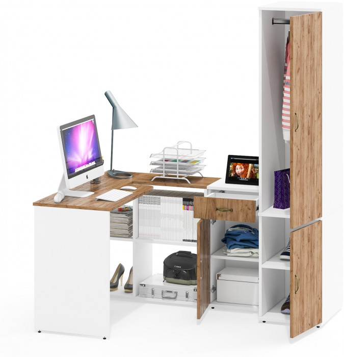 Лидер-8 Стол + Тумба МД 3.15 + Пенал МД 23Б, цвет белый шагрень/крафт золото, ШхГхВ 245х50/37,5х75/190 или 115х160/50х75/190 см., НЕ ун. сборка