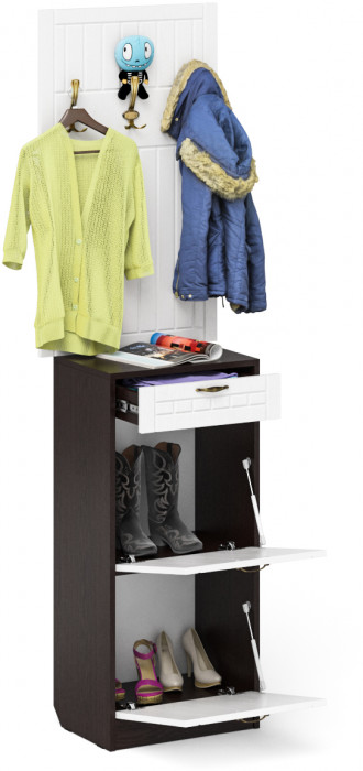 Прихожая П-6 Тумба для обуви 2 секции + Вешалка, цвет венге/фасады МДФ белое дерево фрезеровка прованс, ШхГхВ 50х35х210 см.