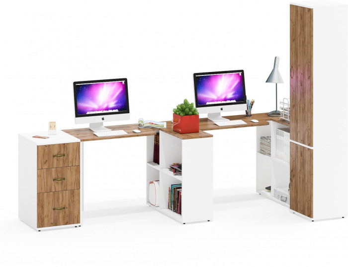 Лидер-8 Стол + Стол + Пенал МД 22Б + Тумба МД 3.16, белый шагрень/крафт золото