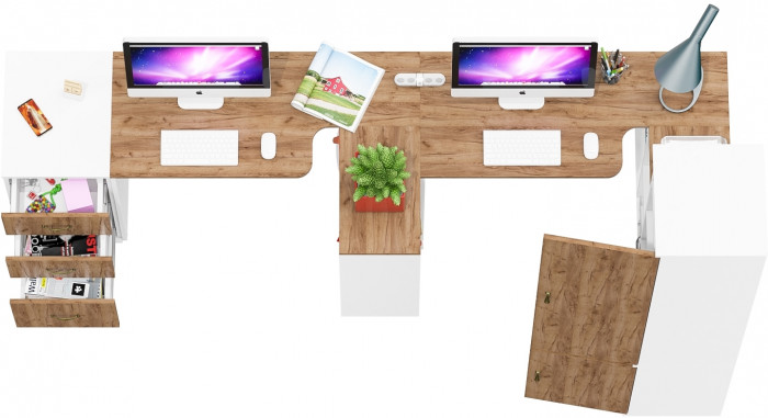 Лидер-8 Стол + Стол + Пенал МД 22Б + Тумба МД 3.16, белый шагрень/крафт золото