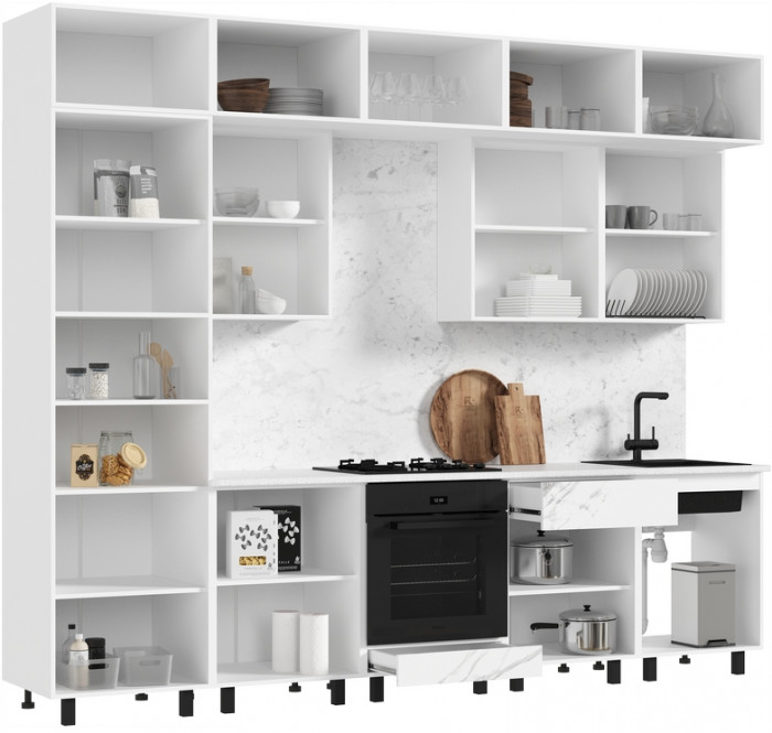 Кухня Оливия NEW 3,0/1080м Компоновка №2, Белый/Мрамор белый софт, Графит софт