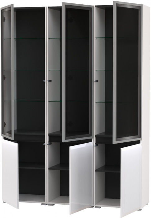Сидней 13.201 Шкаф-витрина 3 штуки, корпус: белый/чёрный/фасады: МДФ белый глянец/прозр. стекло с серой тонир.
