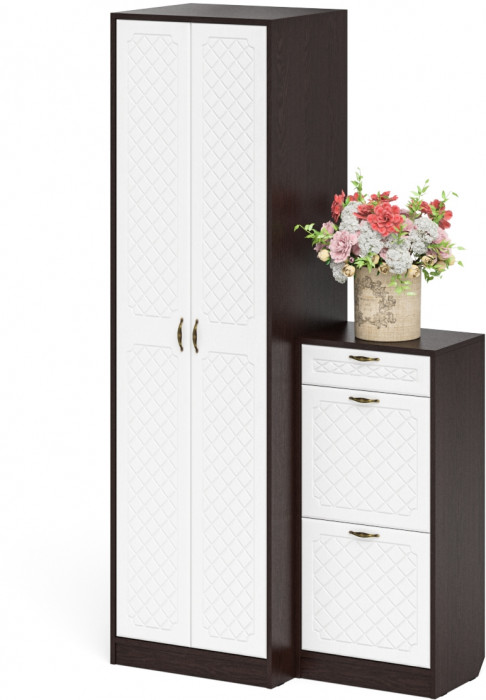 Прихожая П-6 Компоновка № 16, цвет венге/фасады МДФ белое дерево фрезеровка ромб, ШхГхВ 110х50х210 см., универсальная сборка