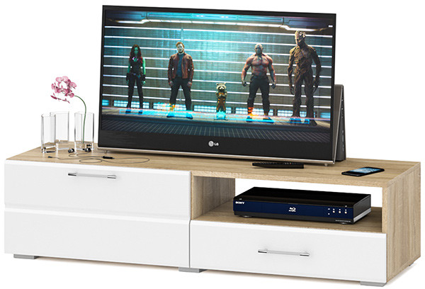 Тумба под ТВ Ларго 1, корпус дуб сонома/фасады МДФ белый глянец