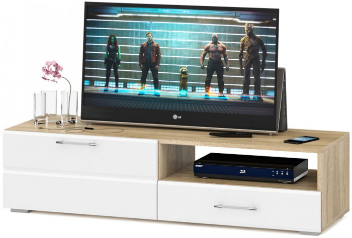 Тумба под ТВ Ларго 1, корпус дуб сонома/фасады МДФ белый глянец