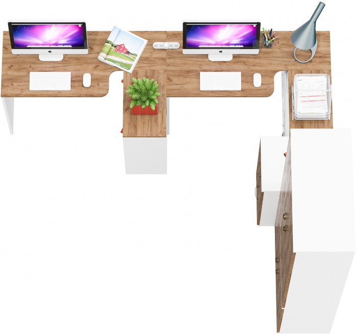 Лидер-8 Стол + Стол + Шкаф МД 20Б + Тумба МД 3.16, белый шагрень/крафт золото