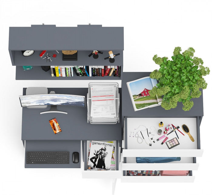 Мори компьютерный стол МС-1 правый + Комод МК700.5 + Полка 900, графит/белый