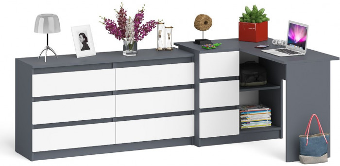 Мори компьютерный стол МС-16 левый + Комод МК1380.6, графит/белый