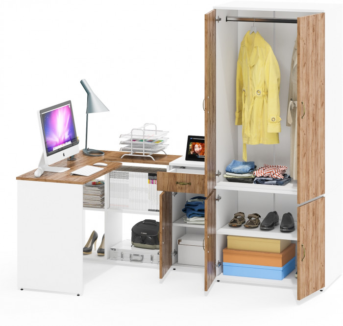 Лидер-8 Стол + Тумба МД 3.15 + Шкаф МД 19Б, цвет белый шагрень/крафт золото, ШхГхВ 285х50/50х75/190 или 115х200/50х75/190 см., НЕ ун. сборка