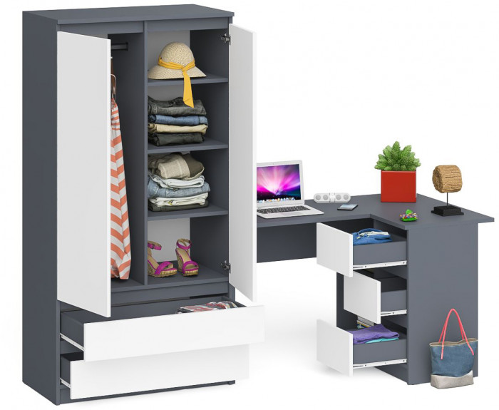 Мори Стол компьютерный МС-16 правый + Шкаф МШ900.1, цвет графит/белый, ШхГхВ 214,8х84,9х179,6 см., выдвижные ящики справа, НЕ универсальная сборка