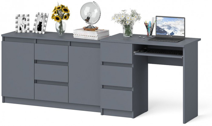 Мори Стол компьютерный МС-6 левый + Комод МК1200.3, цвет графит, ШхГхВ 210,4х50х76,6 см., выдвижные ящики слева, НЕ универсальная сборка
