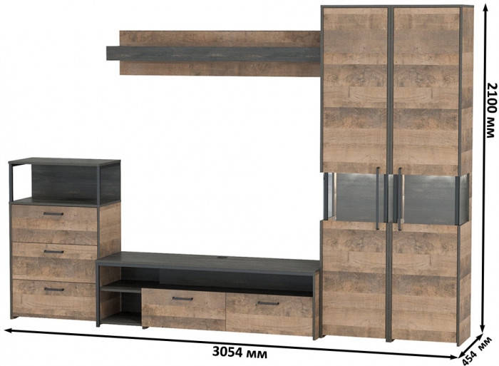 Трувор Гостиная 037, цвет дуб гранж песочный/интра, ШхГхВ 305,4х45,4х210 см., универсальная сборка